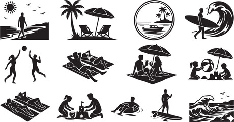 Obraz premium Tropical Beach and Ocean Activity Silhouettes Set