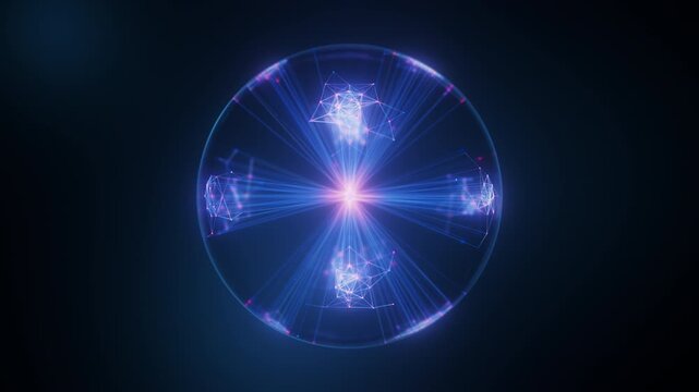 Abstract big data sphere of quantum computing qubit core. Data flow transmission and connections from central core. Ai cloud computing unit. Futuristic technology animation