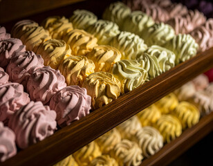 Colorful handmade marshmallows neatly arranged on a wooden shelf. Aesthetic composition of sweets. Concept of food storage and building food reserves.