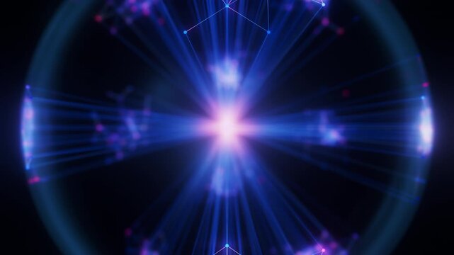 Closeup of Abstract big data sphere of quantum computing qubit core. Data flow transmission and connections from central core. Ai cloud computing unit. Futuristic technology animation