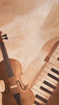 Aesthetic lockscreen wallpaper, ethereal lighting on classical instruments, close-up of piano keys and a violin scroll, photorealistic but with a soft illustrative finish, luxurious gold accents, dept