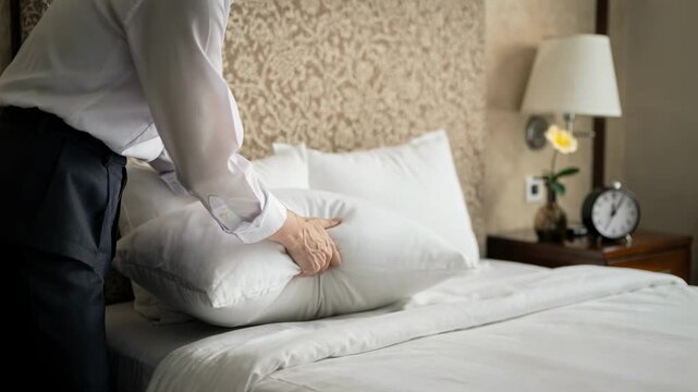 Hotel employee fluffing pillows with detailed focus on the fabric background featuring a softly outoffocus neatly arranged bedside table.