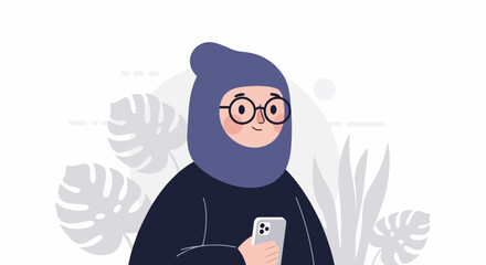 Fototapeta premium Stylized person in purple hood and glasses, holding smartphone, with botanical elements
