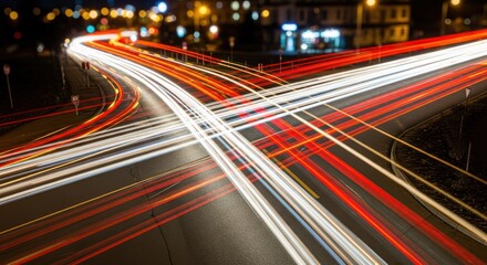 Long exposure shot of traffic, car lights blur on roads forming bright, abstract streaks