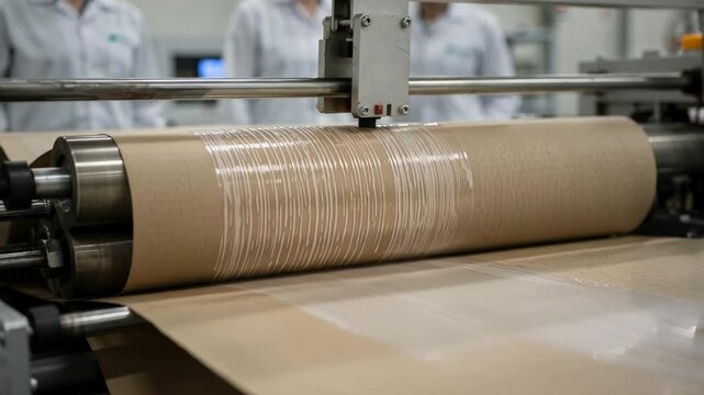 Medium shot showing clear biobased barrier coating being evenly applied to paperboard highlighting the transparent compostable protective layer during ecofriendly packaging