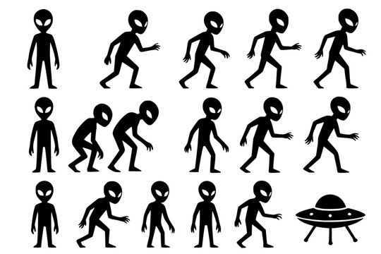 Alien figures walking and running sequence with UFO illustration black and white vector