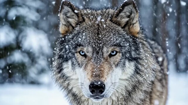A wolf with blue eyes and snow on its fur looks directly at the camera in a snowy forest with trees in the background