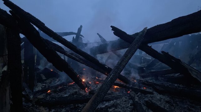 Charred wooden beams and smoldering embers in the aftermath of a destructive fire