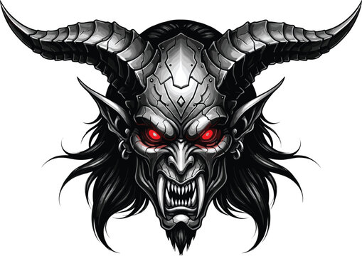 Armored demon head vector illustration with large horns and glowing red eyes for dark fantasy horror and heavy metal design.