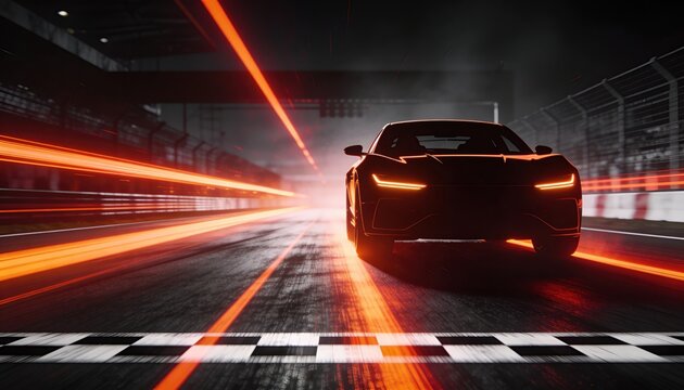 Race Car in the Fast Lane: A sleek race car streaks across a speedway, leaving a vibrant trail of light and energy behind, embodying the thrill of speed and precision driving.