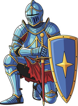 Knight in blue plate armor kneeling with a sword and shield