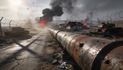 Obraz premium Battlefield Inferno: Witness the raw, destructive power of conflict. A scene of devastation unfolds, with tanks and explosions shaping a landscape of war.