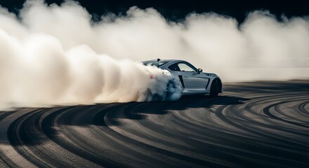 Obraz premium Drifting car on asphalt, creating clouds of white smoke during a thrilling motorsport