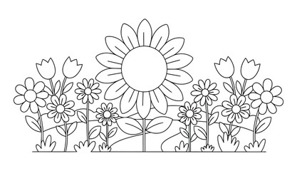 Flower coloring page with simple garden landscape and blooming daisies