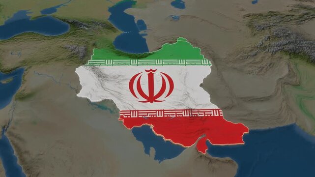 Map of Middle East with Iran highlighted in national flag colors, symbolizing geography, identity, and geopolitical significance.