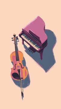 Daily digital wallpaper, flat illustration with grainy texture, classical music instruments, piano and violin, artistic composition, pastel color palette, soft shadows, mockup on an iPhone screen, ple