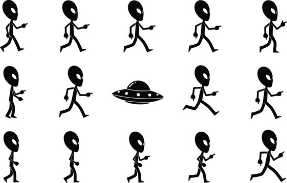 Black silhouette alien character walk and run cycle animation sprite sheet with UFO spacecraft, extraterrestrial life, and sci-fi vector design. (21 words)
