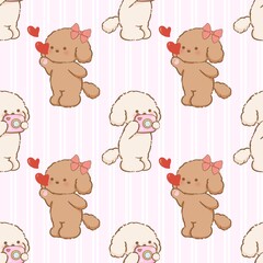 Obraz premium Cute Puppy Couple Kissing and Taking Photo Seamless Pattern on Pastel Pink Striped Background Cartoon Illustration