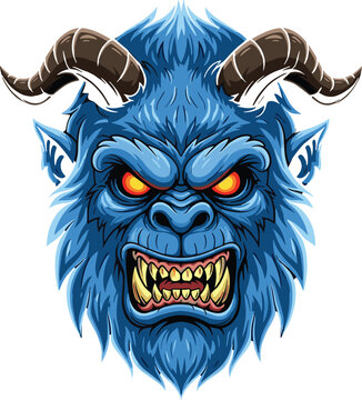 Blue furry monster head vector illustration with curved horns glowing orange eyes and sharp yellow teeth for horror fantasy design.