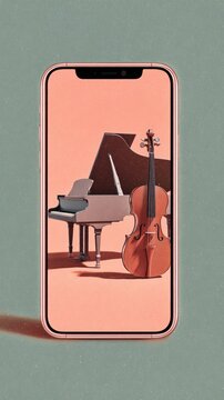Daily digital wallpaper, flat illustration with grainy texture, classical music instruments, piano and violin, artistic composition, pastel color palette, soft shadows, mockup on an iPhone screen, ple