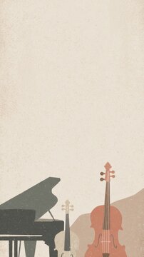 Daily digital wallpaper, flat illustration with grainy texture, classical music instruments, piano and violin, artistic composition, pastel color palette, soft shadows, mockup on an iPhone screen, ple