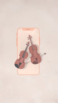 Daily digital wallpaper, flat illustration with grainy texture, classical music instruments, piano and violin, artistic composition, pastel color palette, soft shadows, mockup on an iPhone screen, ple