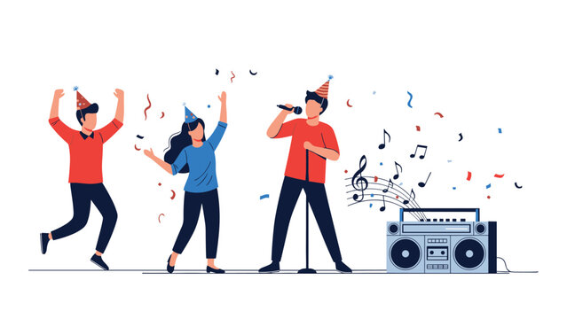Group of happy friends wearing party hats dancing and singing karaoke with a boombox and colorful confetti around.