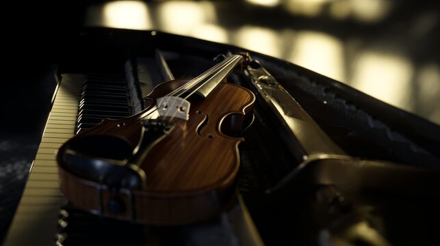 Elegant arrangement of classical instruments, cinematic wide shot of a grand piano with a violin placed delicately on its lid, dramatic rim lighting casting long shadows, haze in the air, opulent vint