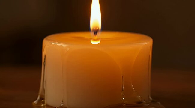 Close up of a glowing candle with dripping wax in warm light