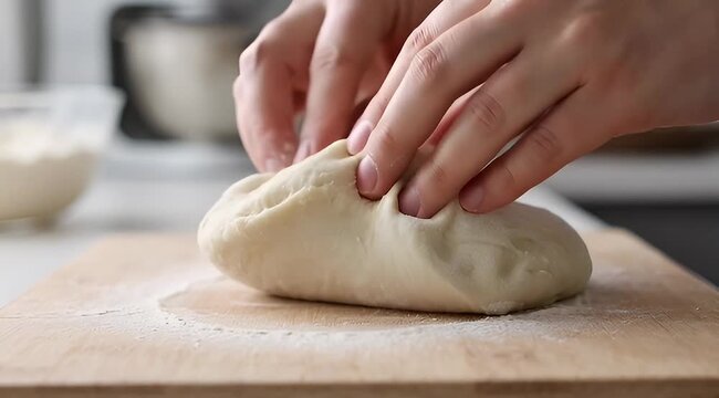 Close up of hands kneading dough on a wooden cutting board