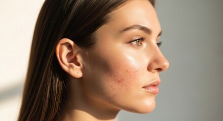 Fototapeta premium Profile of woman with skin blemishes, illuminated by sunlight