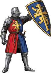 Fototapeta premium Crusader knight in heraldic surcoat holding large cross shield