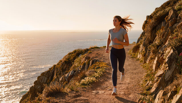 Young Woman Running Coastal Trail at Sunset