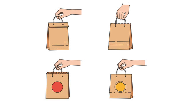 Collection of four illustrations depicts human hands holding various styles of brown paper takeaway bags with different handle designs.