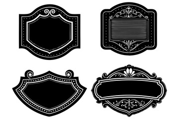 blank antique tavern signs, monochrome engraving style, decorative ironwork borders, aged grunge texture, old European pub aesthetic