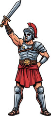 Fototapeta premium Roman officer celebrating victory with a raised sword and plumed helmet