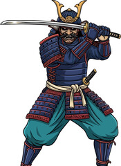Fototapeta premium Samurai master in blue armor holding katana in ready stance