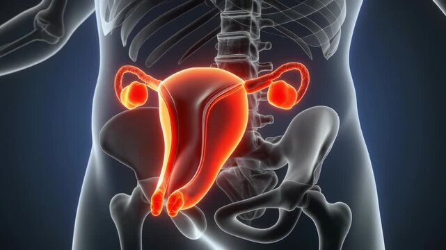 Advanced 3D medical scan reveals the glowing female reproductive system, focusing on the uterus and ovaries within a translucent human torso, for diagnostic study.