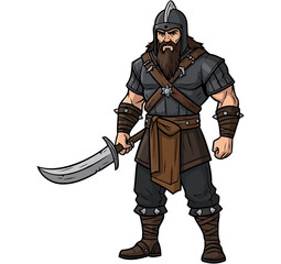 Obraz premium Stoic mercenary in dark plate armor holding a curved scimitar blade