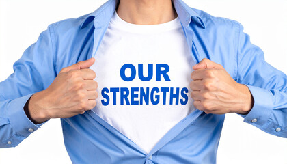 Our Strengths - Ein Mann öffnet sein Hemd und zeigt sein TShirt