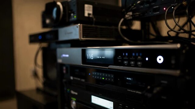 Sharp image of media server interface panel contrasted with softly outoffocus digital projector and sound system equipment in a professional multiplex cinema booth.