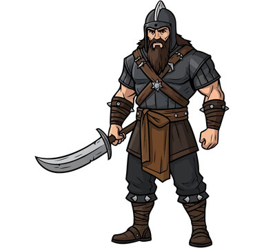Stoic mercenary in dark plate armor holding a curved scimitar blade