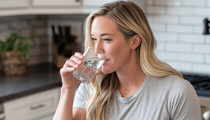 A woman with blonde hair drinks water from a clear glass in a modern kitchen with white subway tile backsplash.