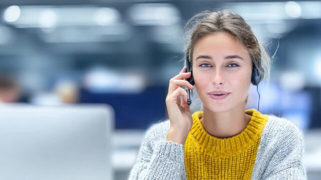 Focused Service: A professional woman engaged in active listening through a headset, embodies the spirit of customer support. The modern office setting hints at a world of communication.