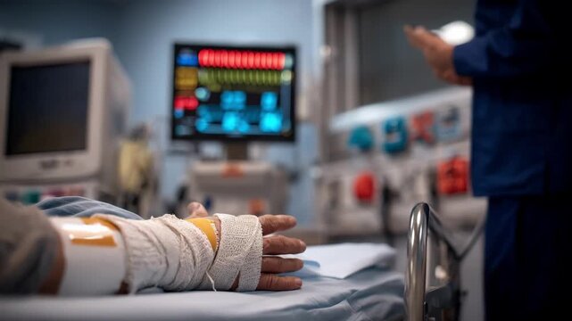 Focused view on a patients arm wrapped in a splint on an exam bed with blurred vital sign monitor and wallmounted emergency supplies in a clinical room.