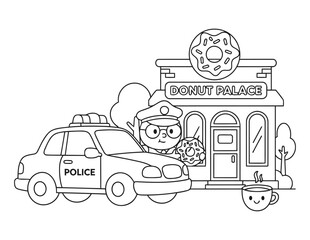 Police car coloring page at donut shop with officer © Crafter