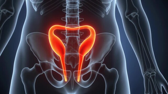 3D rendering of female torso with glowing uterus and fallopian tubes, highlighting the reproductive system for medical study.