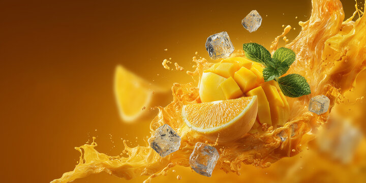 Refreshing mango-orange juice explosion with realistic cubes, dramatic water splash and floating ice, ideal for summer menu or promo banners