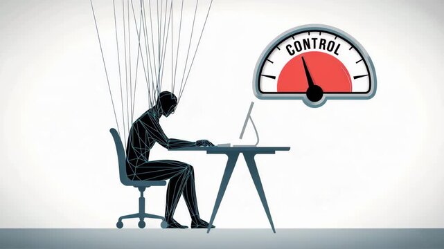 Digital Puppet: Depicting a person controlled by external forces. The image suggests a loss of autonomy and a lack of control, the digital realm