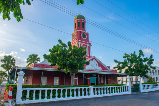 Clock Tower and Main Guard House in Garrison historic area in city of Bridgetown, Saint Michael, Barbados. Historic Bridgetown and its Garrison is a UNESCO World Heritage Site since 2011. 